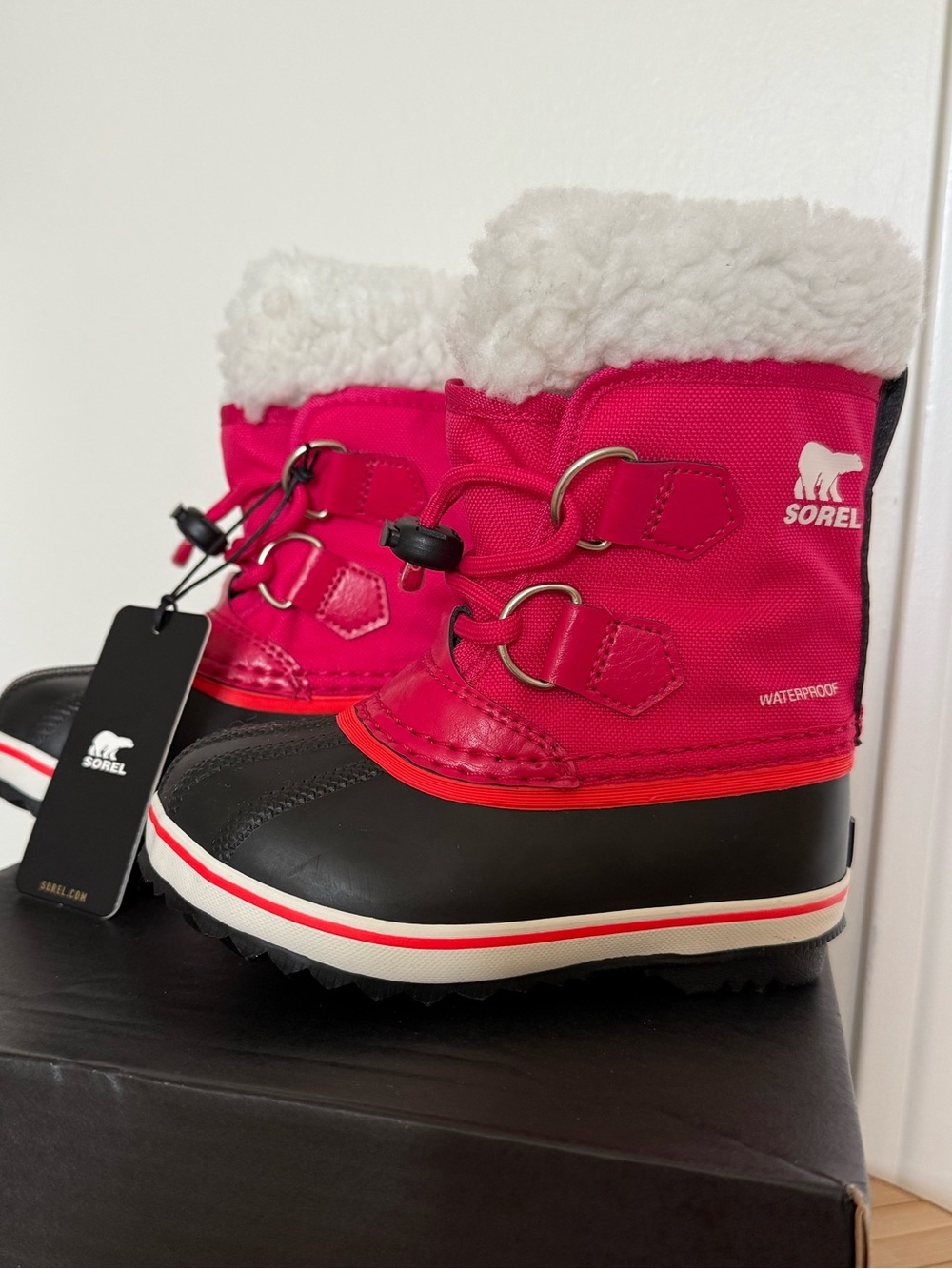 Sorel Kids Waterproof bright Rose and Black Winter Boots with Faux-Fur Cuff